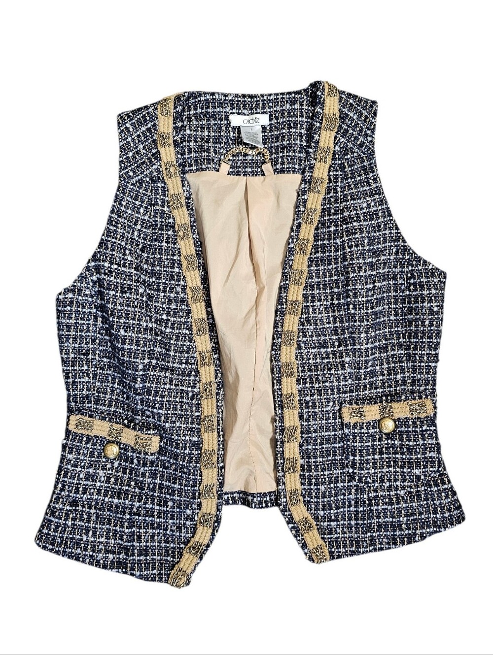 Cache Y2k Vintage Chic Tweed Vest with Gold Trim - Cream & Black Size 2